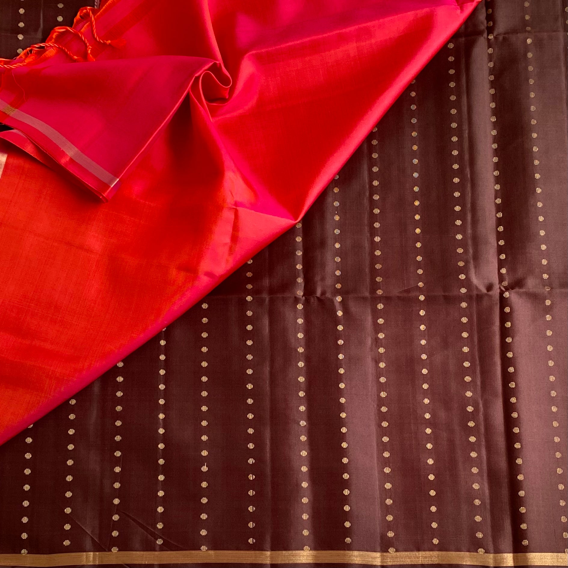 Chocolate Brown Designer Pure Silk Saree With Rani Pink Pallu