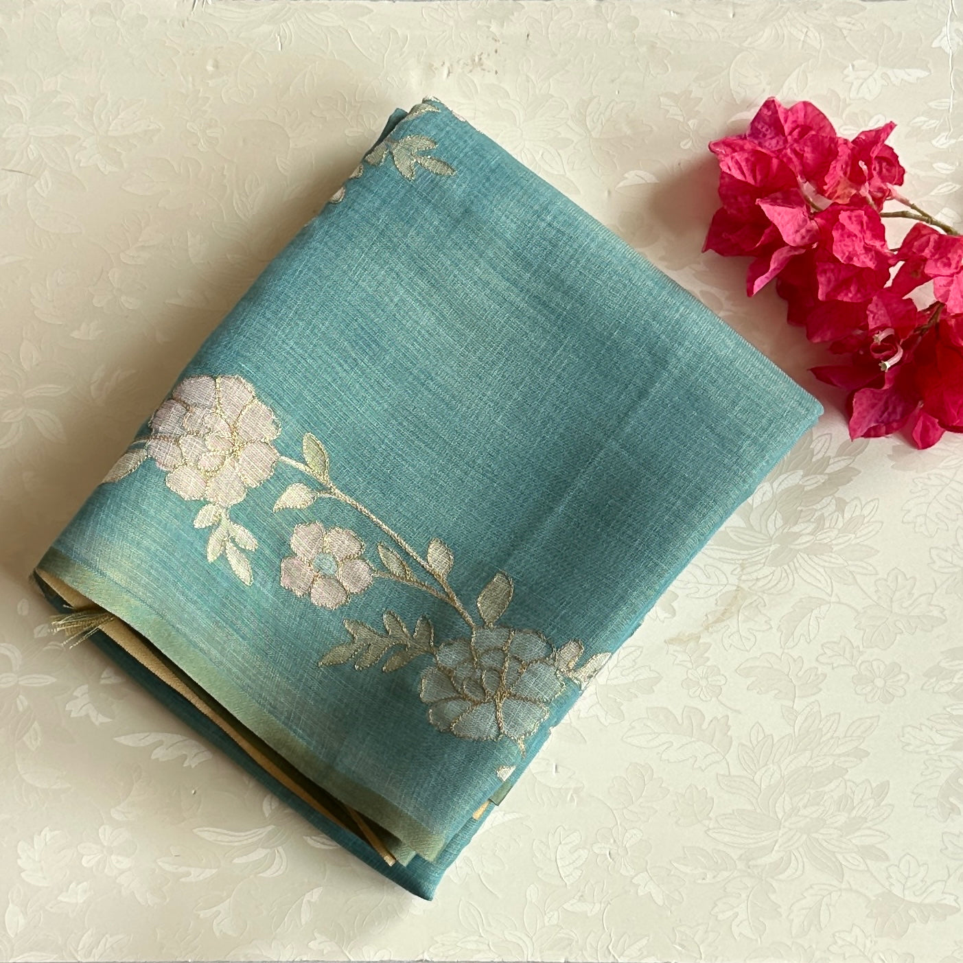 Teal Floral Embroidered Saree Gold Zari Tassel Edges Elegant Festive
