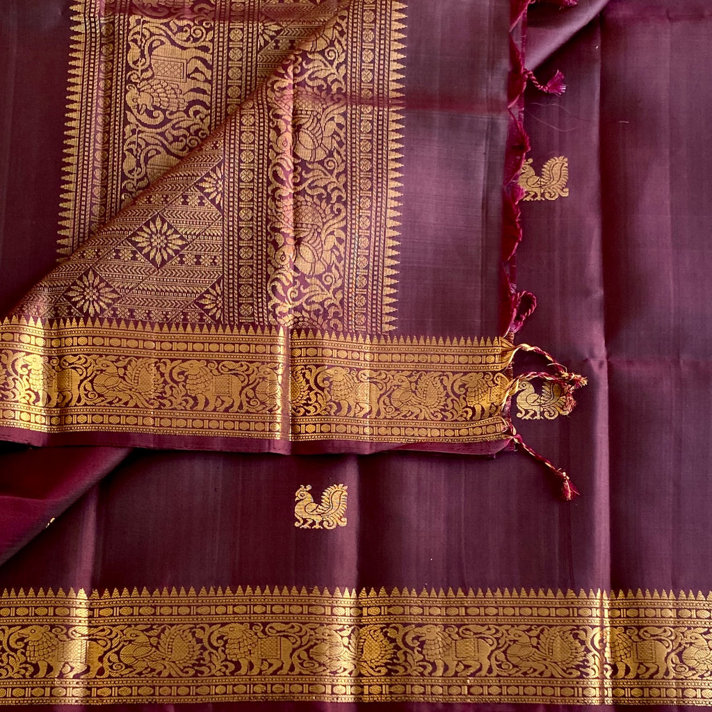 Designer Pure Silk Deep Chocolate Wine Antique Gold Saree With Woven Temple Border