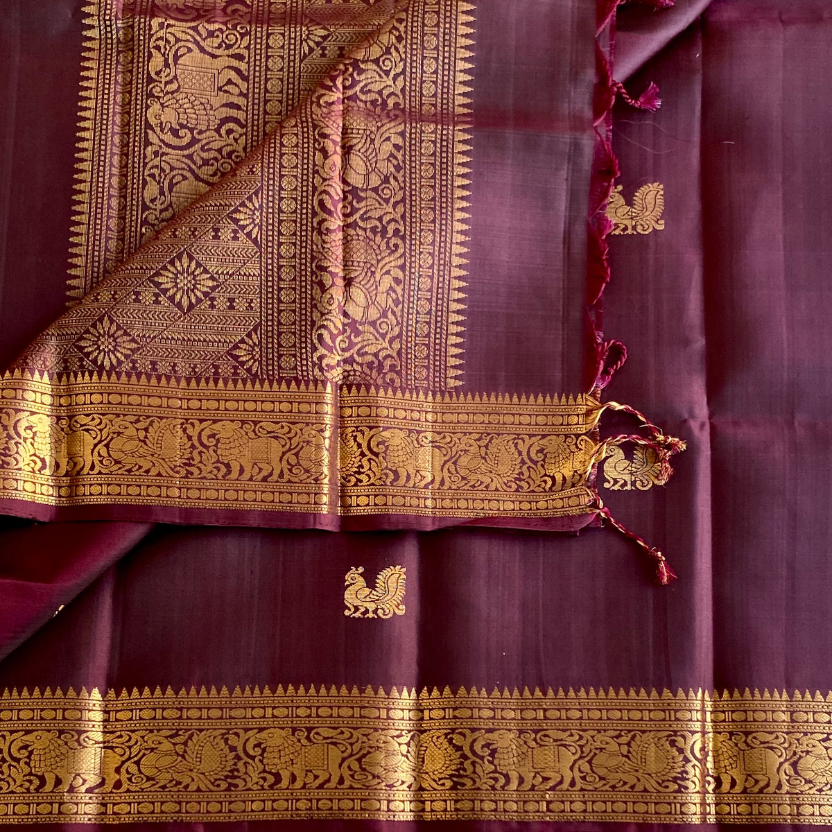 Designer Pure Silk Deep Chocolate Wine Antique Gold Saree With Woven Temple Border