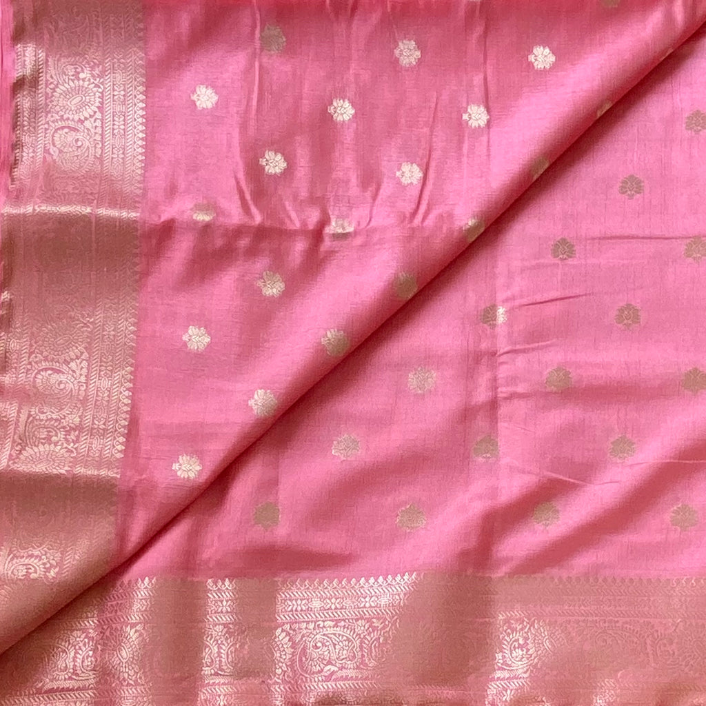 Rose Pink Banarasi Silk Saree With Gold Zari Border Traditional