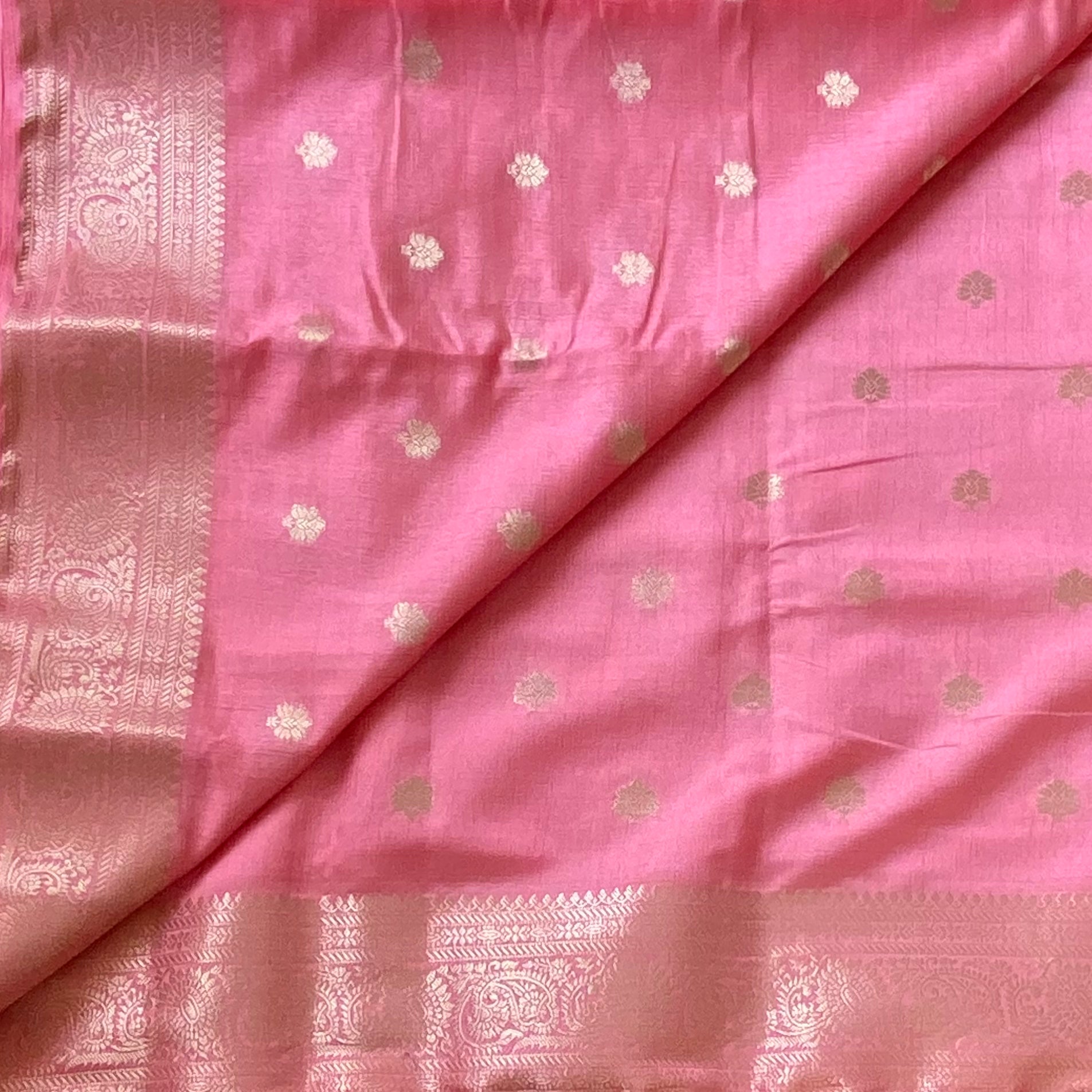 Rose Pink Banarasi Silk Saree With Gold Zari Border Traditional