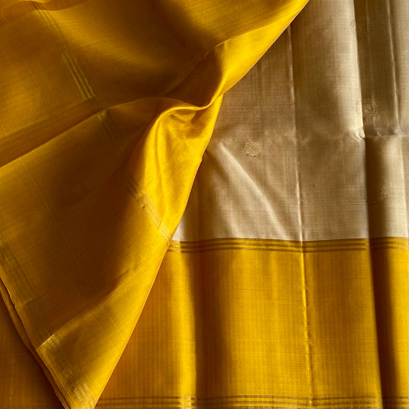 Champagne Beige Designer Pure Silk Saree With Mango Yellow Pallu