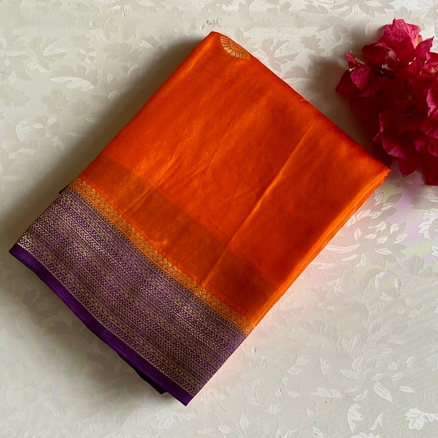 Designer Orange Soft Crepe Silk Saree With Royal Purple Pallu