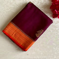 Deep Plum Soft Crepe Silk Saree With Vibrant Orange Pallu