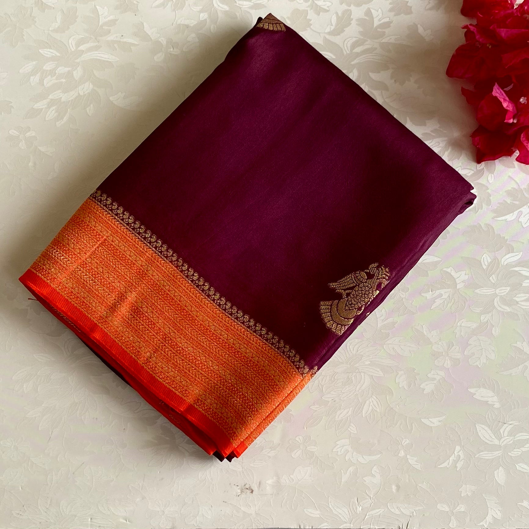 Deep Plum Soft Crepe Silk Saree With Vibrant Orange Pallu