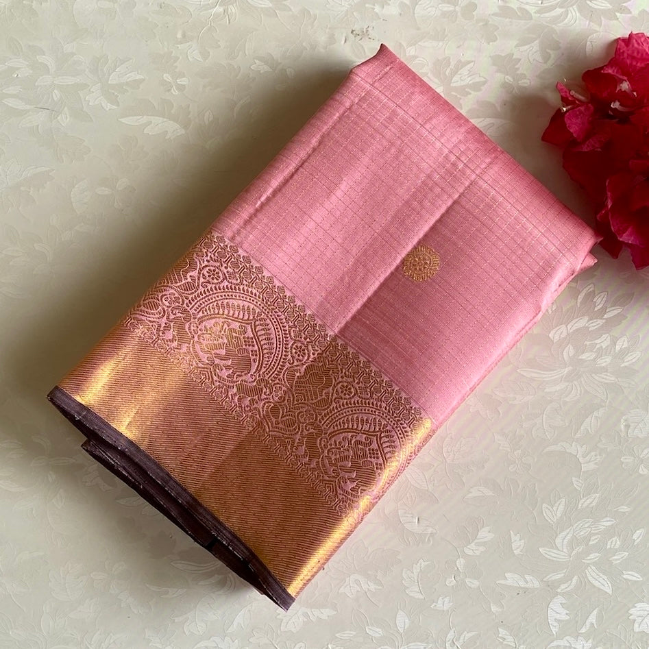 Dreamy Baby Pink Kanjeevaram Pure Zari Silk Saree With Tiny Grey Border