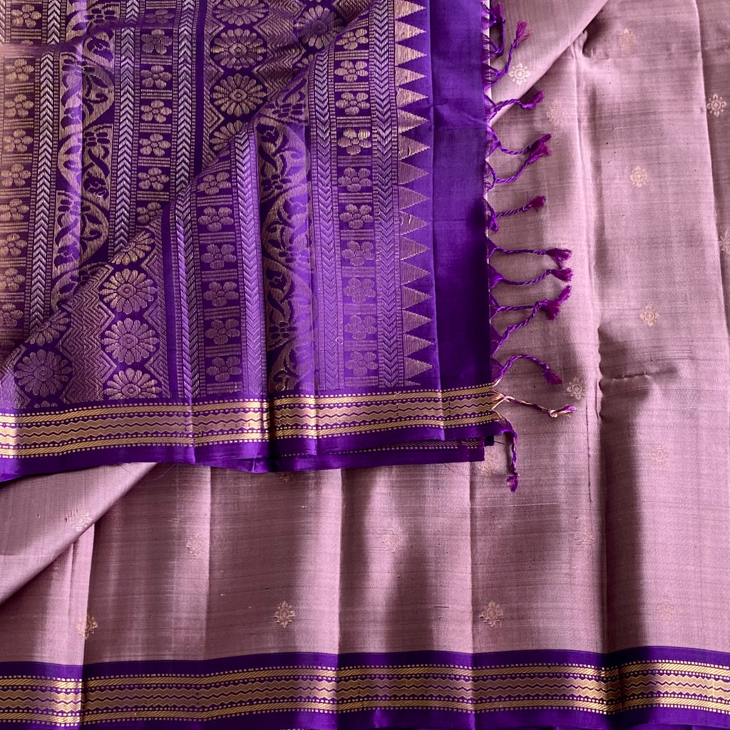 Dusty Mauve Designer Pure Silk Saree With Royal Purple Pallu