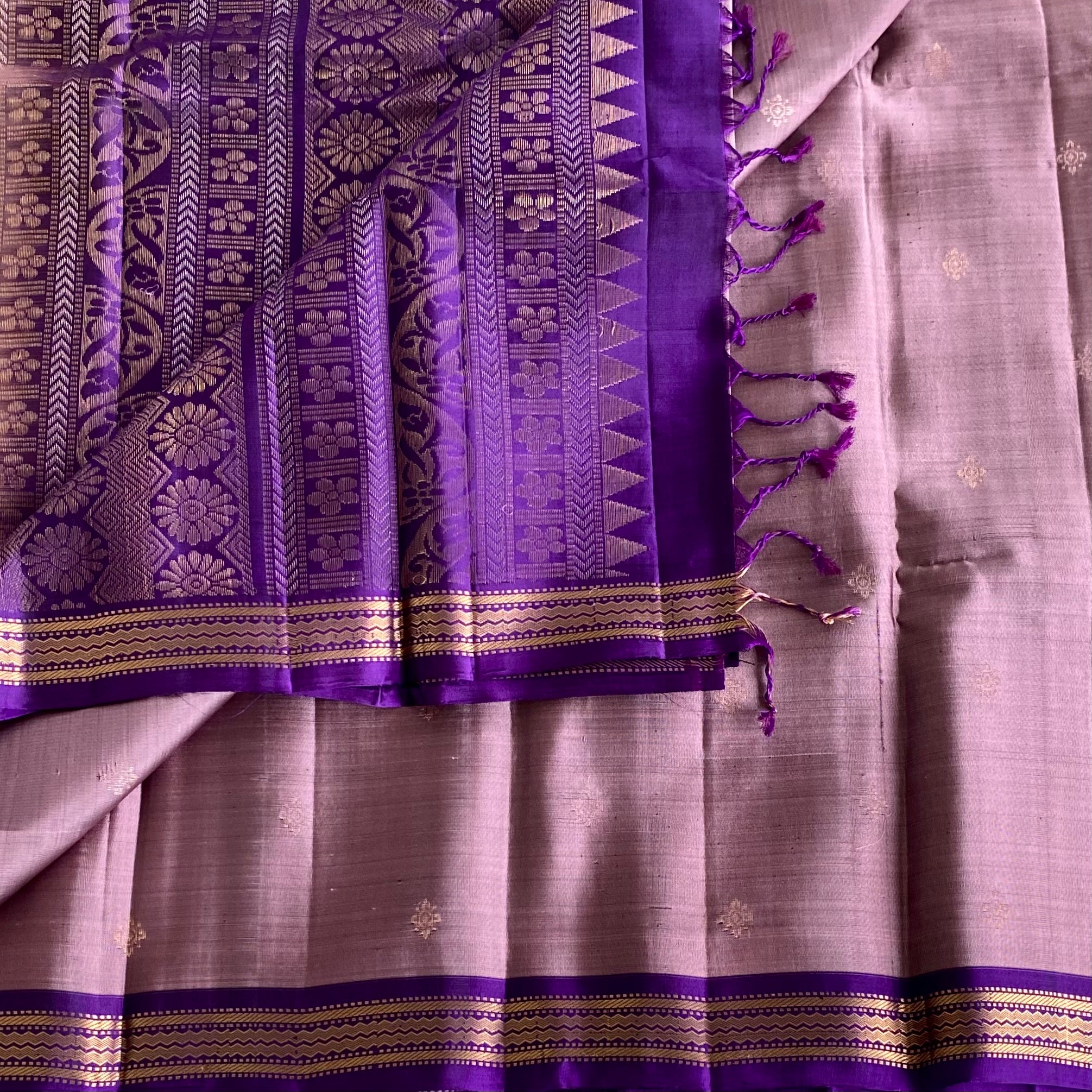 Dusty Mauve Designer Pure Silk Saree With Royal Purple Pallu