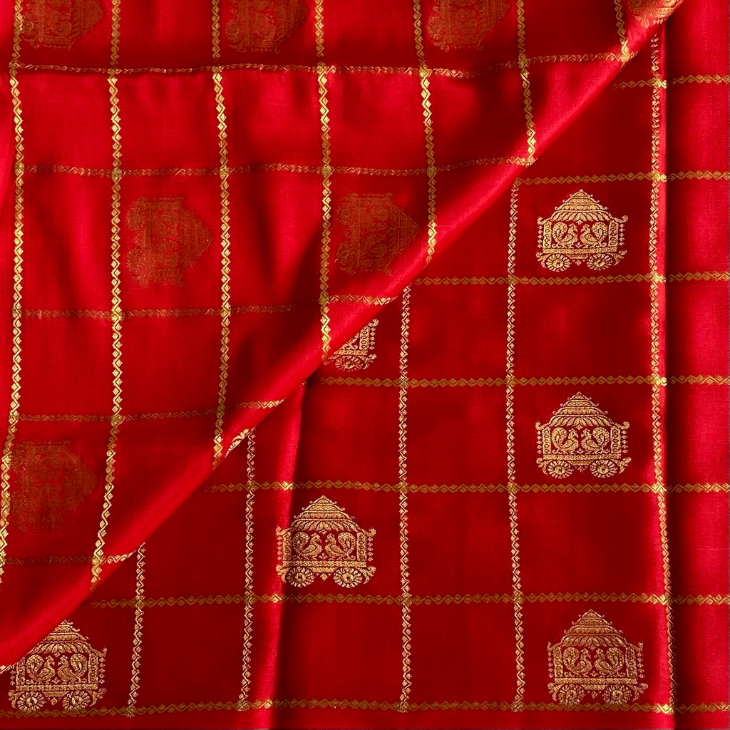 Scarlet Red Mysore Crepe Silk Saree With Metallic Gold Checks