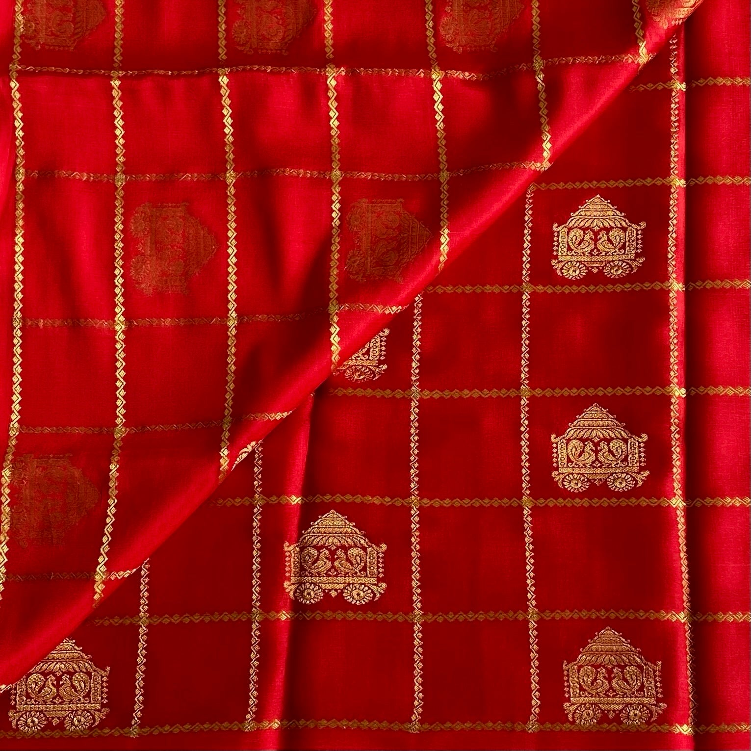 Scarlet Red Mysore Crepe Silk Saree With Metallic Gold Checks