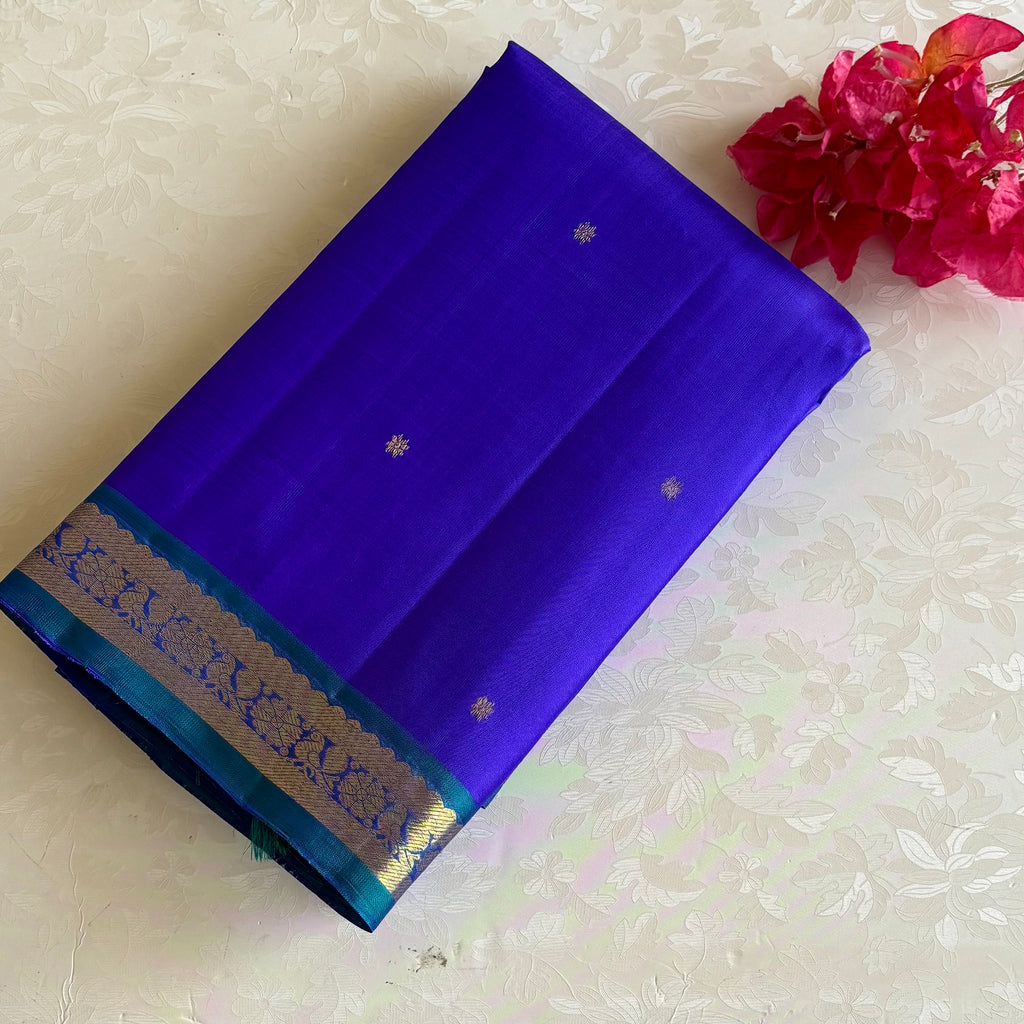 Royal Bluish Purple Kanjeevaram Pure Zari Silk Saree With Turquoise Pallu