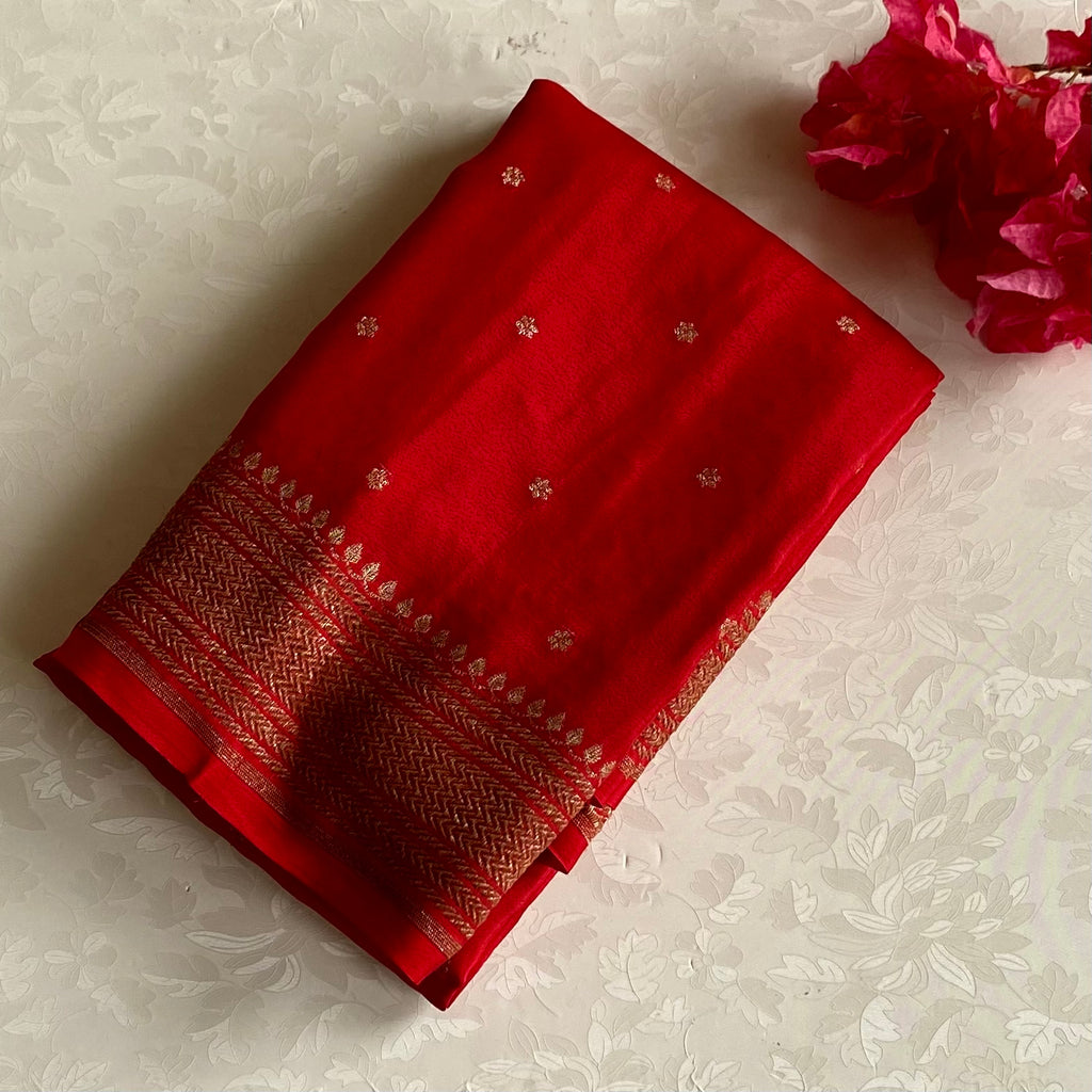 Banarasi Crepe Silk Scarlet Red With Antique Gold Brocade Pallu Saree