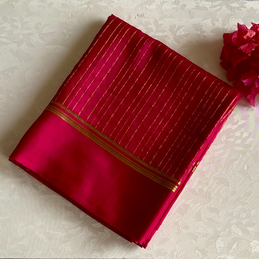 Rani Pink Mysore Crepe Silk Saree With Gold Striped Border
