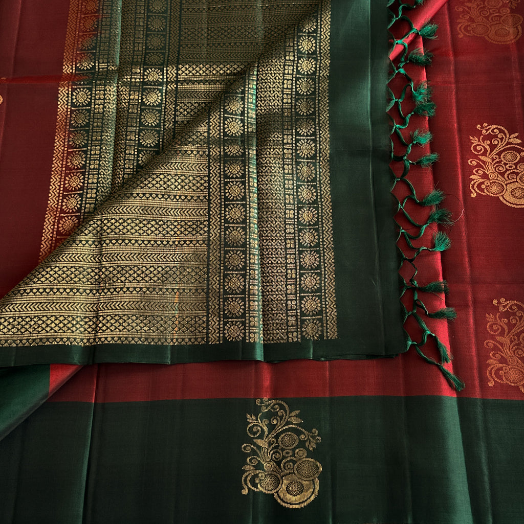 Pine Green Maroon Silk Saree Antique Gold Zari Floral Border