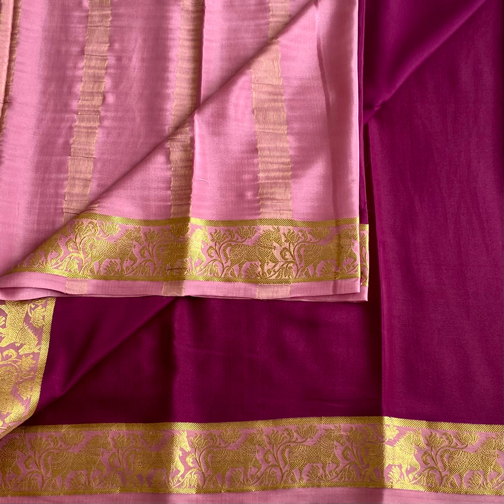 Deep Magenta Mysore Crepe Silk Saree With Blush Pink Gold Zari Border