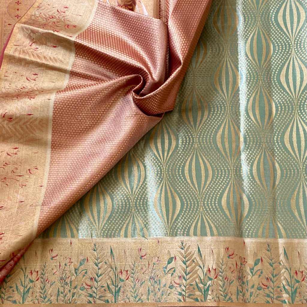 Peach Pink Brocade Saree with Mint Teal Pallu and Zari