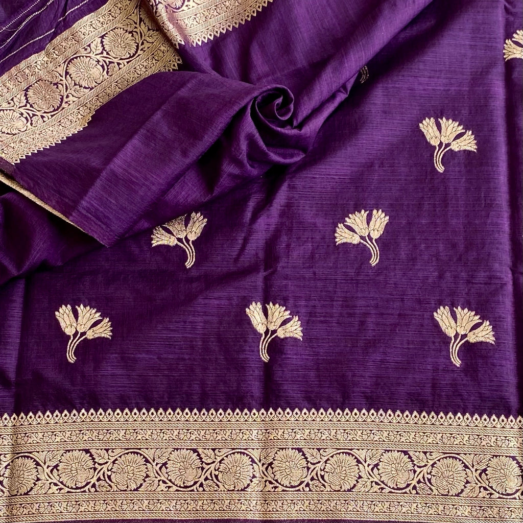 Royal Purple Soft Tussar Silk Saree With Metallic Gold Brocade Pallu