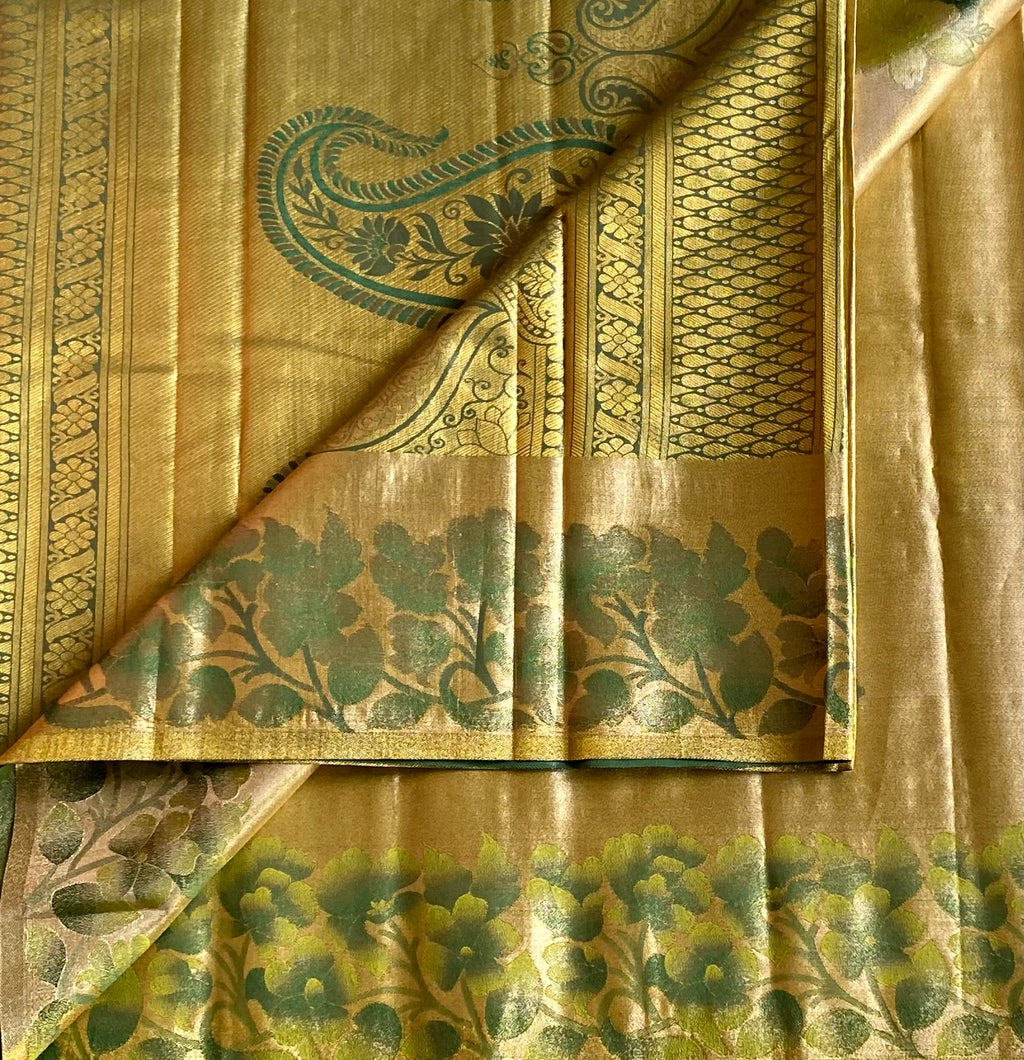 Champagne Gold Teal Paisley Silk Saree With Floral Zari Border