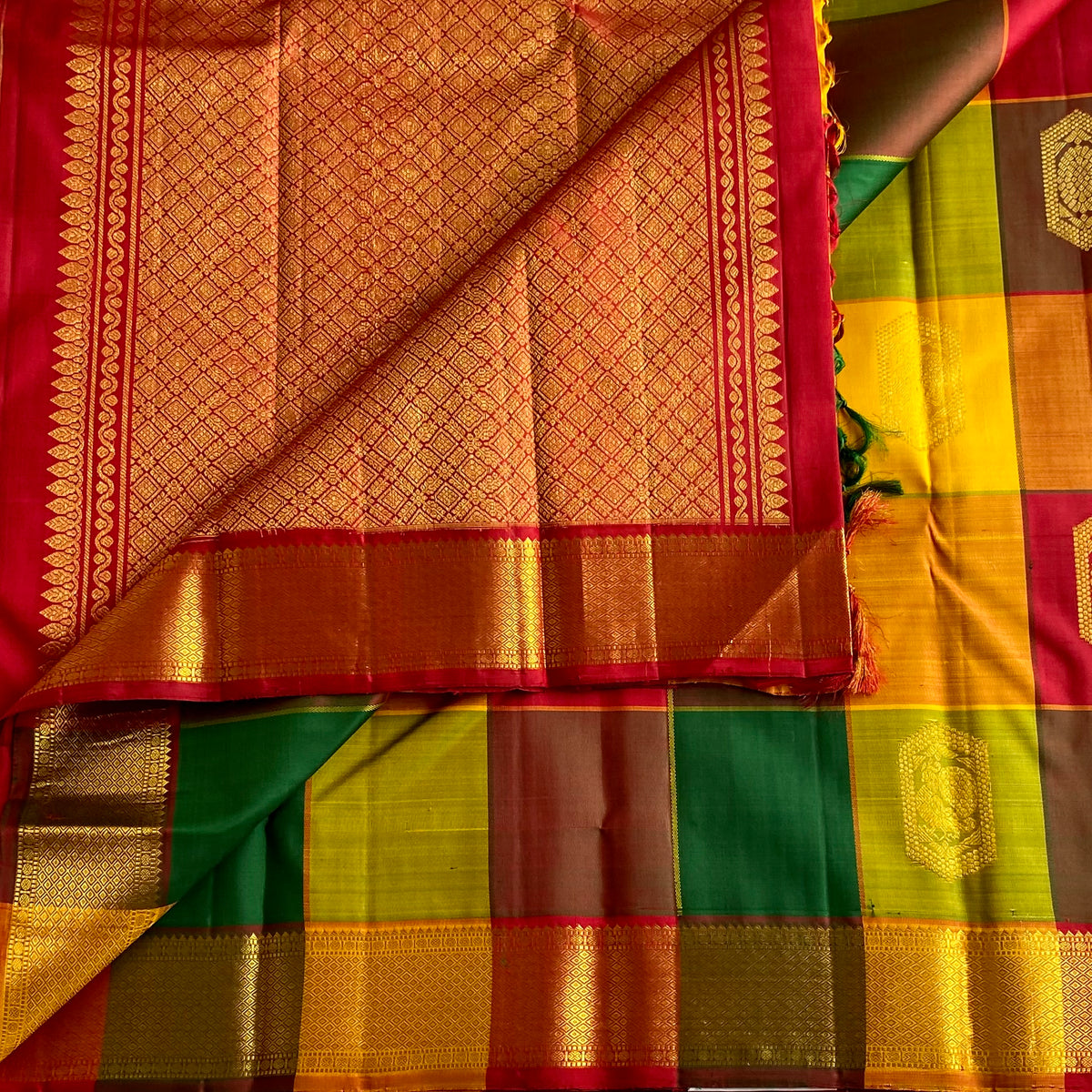 Designer Multi-Checkered Kanjeevaram Pure Zari Silk With Crimson Maroon Pallu