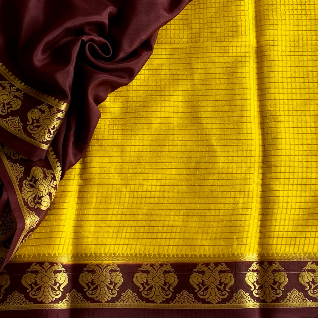 Mustard Yellow Mysore Crepe Silk With Deep Brown Gandaberunda Borders