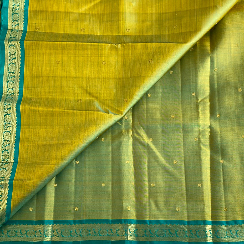 Dual Shaded Olive Green & Turquoise Kanjeevaram Pure Zari Silk Saree