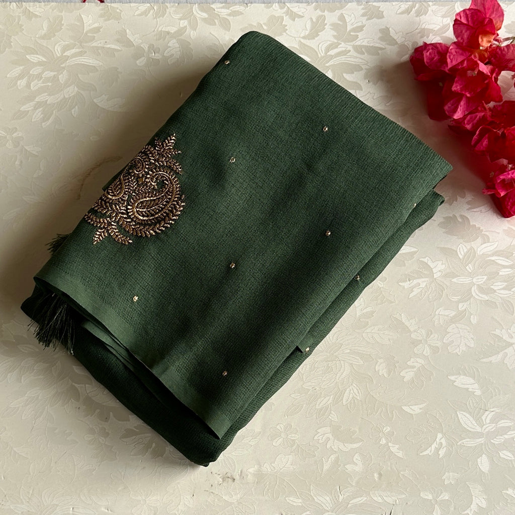 Forest Green Saree Gold Embroidery Paisley Tassel Festive Wear