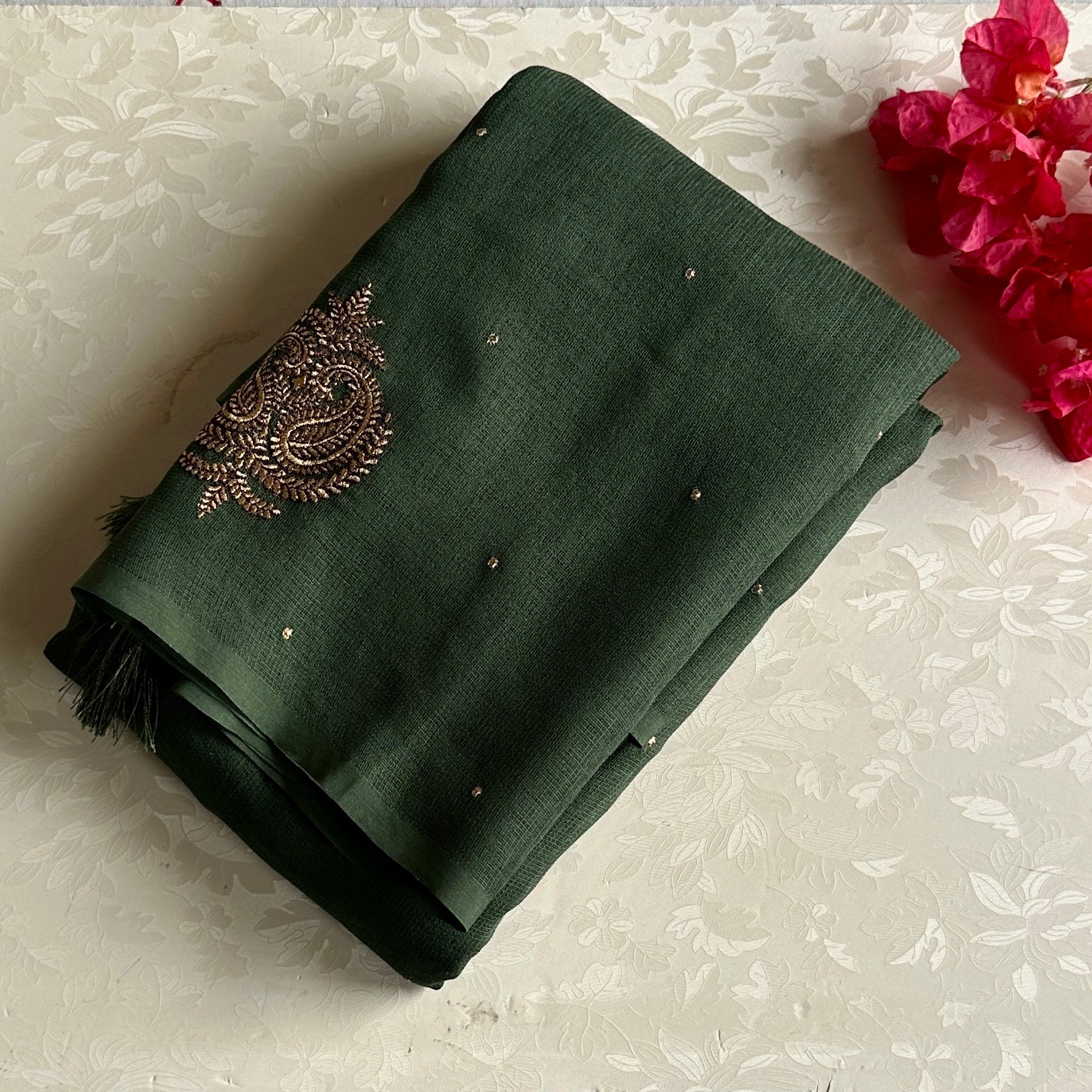 Forest Green Saree Gold Embroidery Paisley Tassel Festive Wear