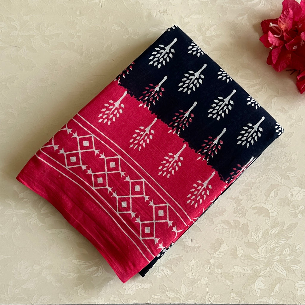 Rani Pink And Navy Blue Everyday Saree With White Block Prints