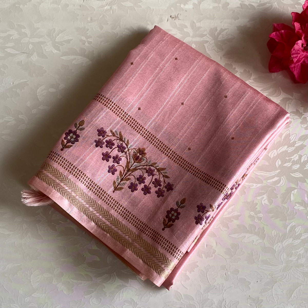 Blush Pink Softest Tussar Saree With Violet Purple Prints