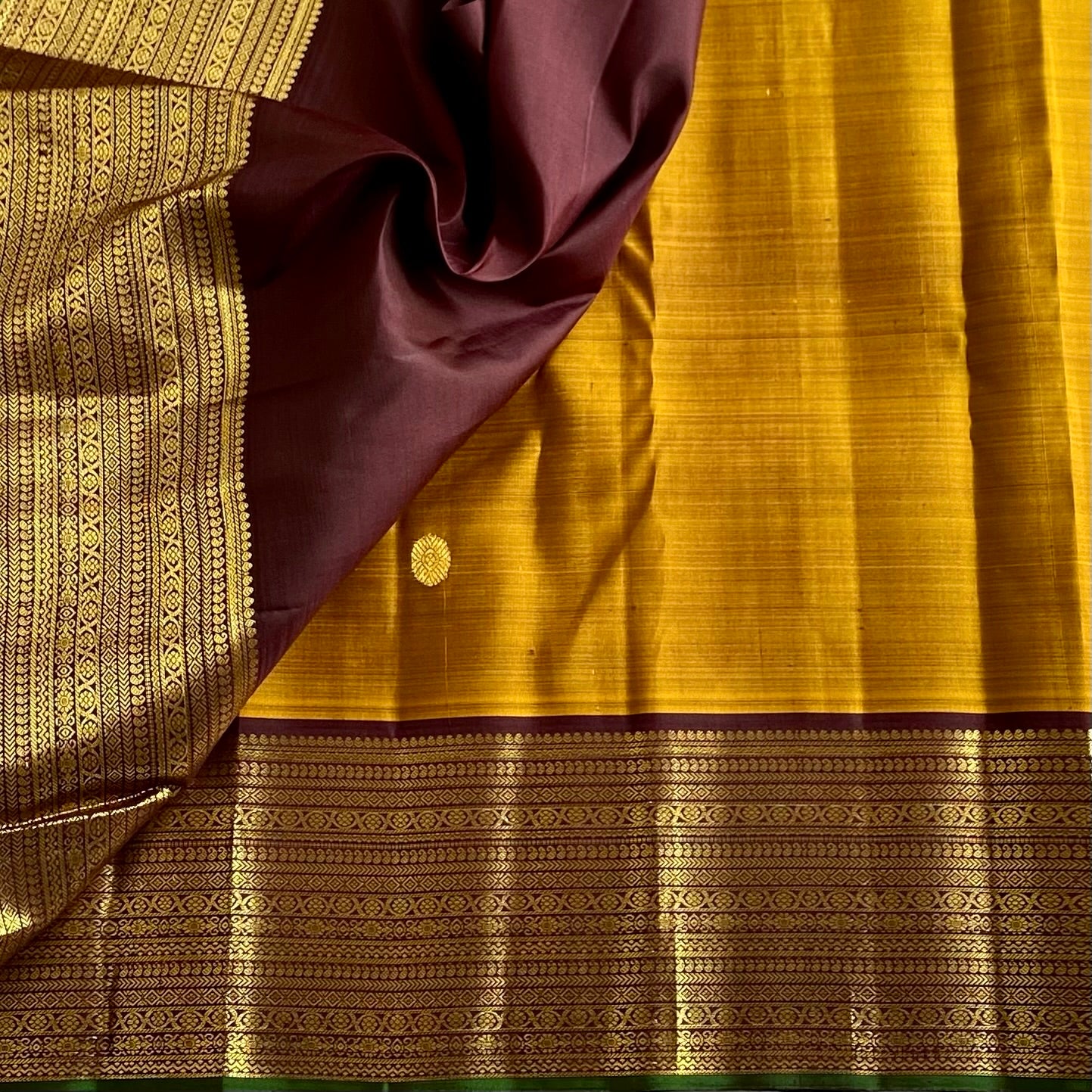 Mustard Yellow Kanjeevaram Pure Zari Silk Saree With Deep Maroon Pallu