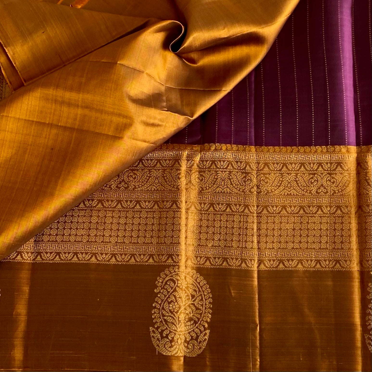 Stunner Purple Striped Designer Pure Silk with Jaggery Gold Borders