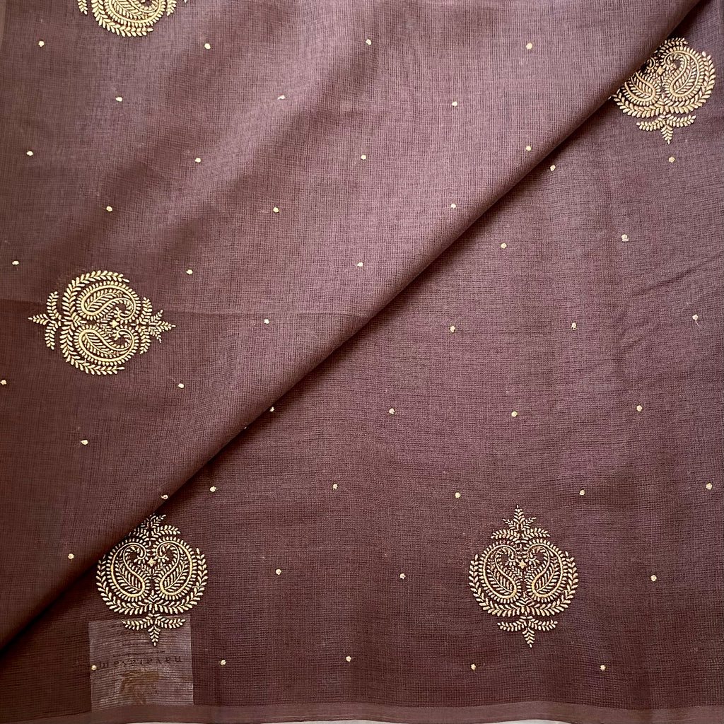 Dusty Plum Embroidered Paisley Saree with Beaded Tassel Gold Zari