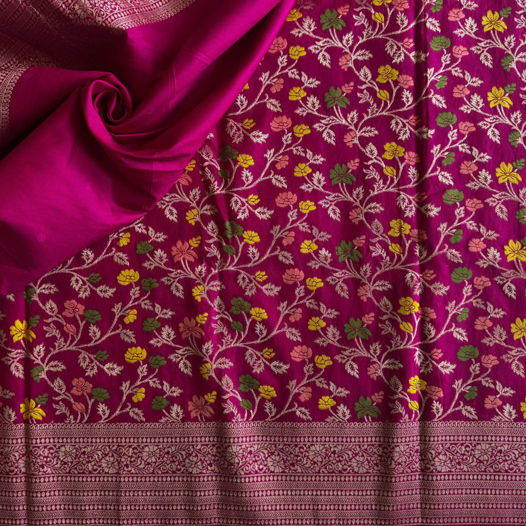Fuchsia Gold Brocade Floral Saree Rich Woven Pallu Tassels Traditional