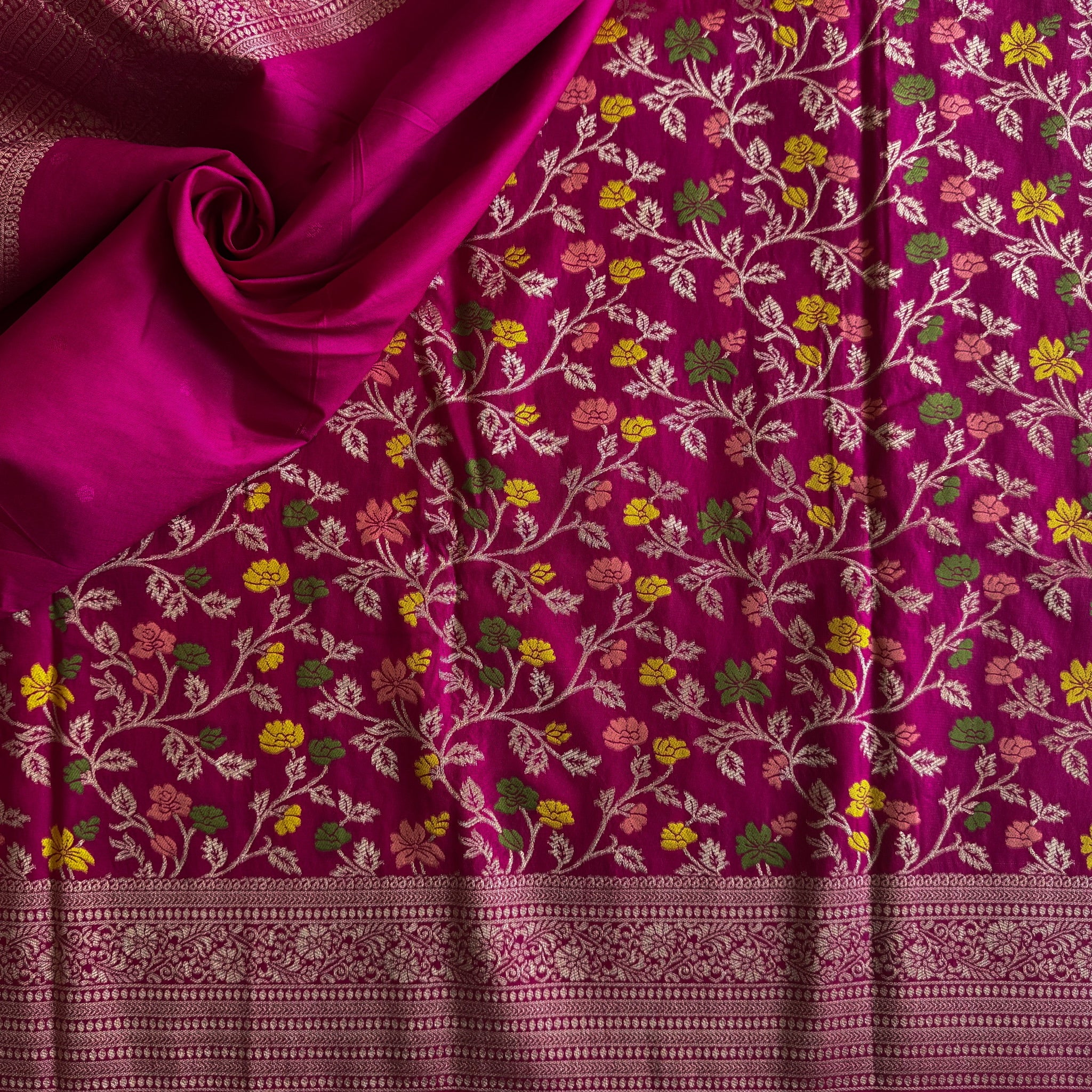 Fuchsia Gold Brocade Floral Saree Rich Woven Pallu Tassels Traditional