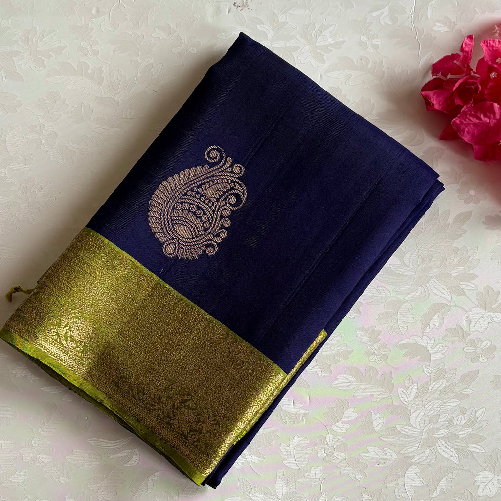 Navy Blue Designer Pure Silk Saree With Lime Green Pallu