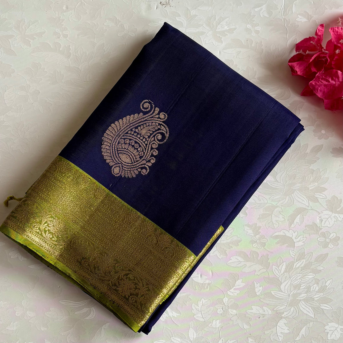 Navy Blue Designer Pure Silk Saree With Lime Green Pallu