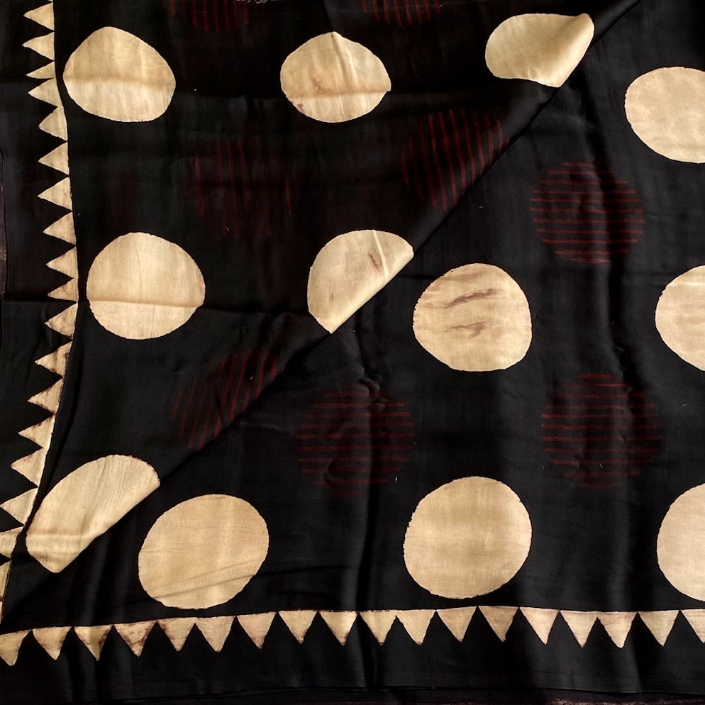 Jet Black Ajrakh Handblock Printed Silk Saree With Antique Gold Pallu