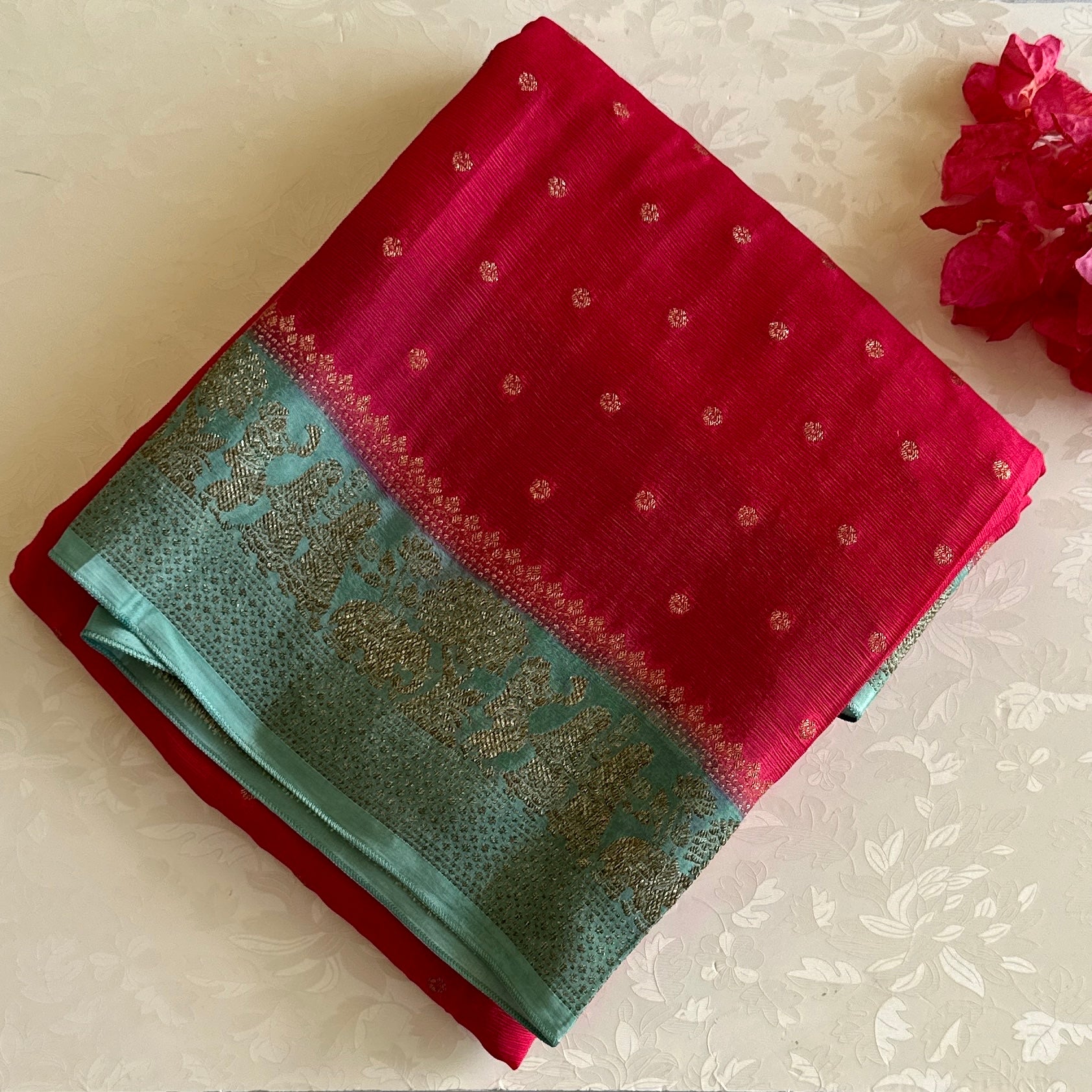 Rani Pink Soft Tussar Silk Saree With Aqua Green Pallu