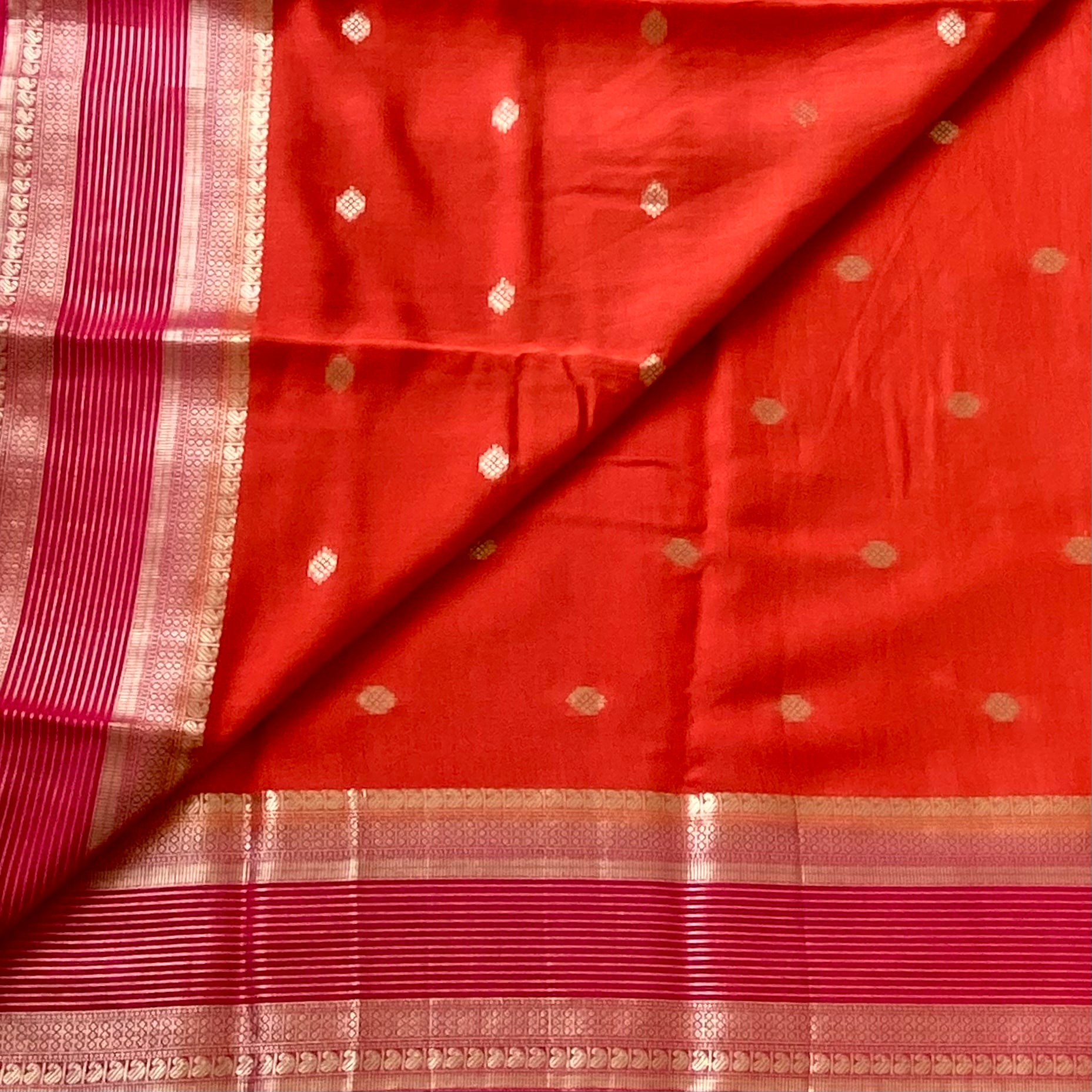 Tangerine Magenta Saree Gold Buti Zari Striped Border Festive Wear