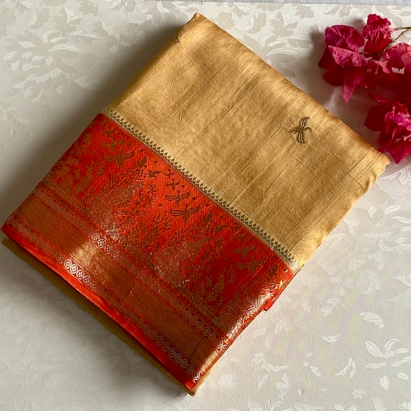Yuma Antique Gold Soft Tussar Silk Saree With Vermilion Red Pallu