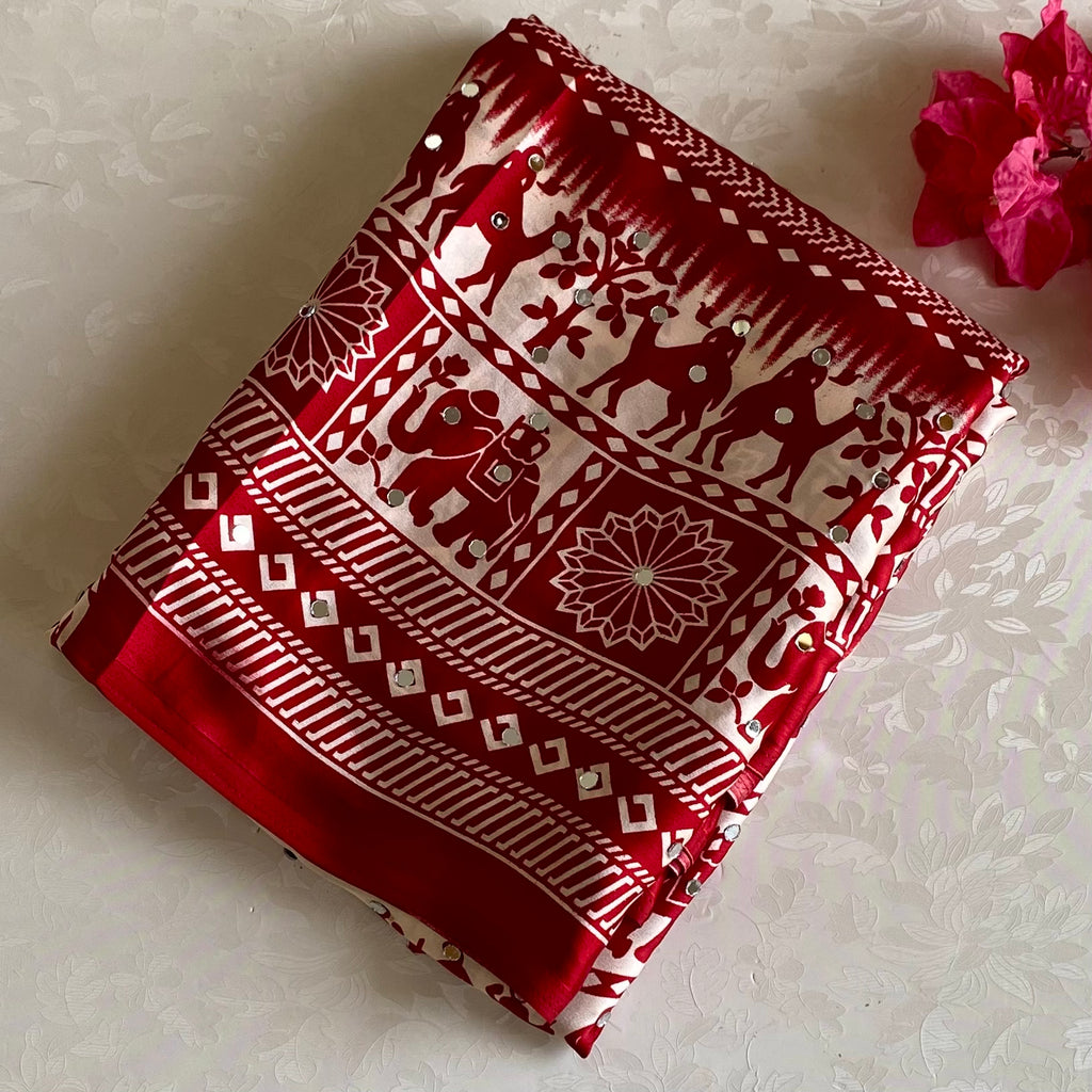 Deep Crimson Maroon Softest Satin Saree With Mirror Work