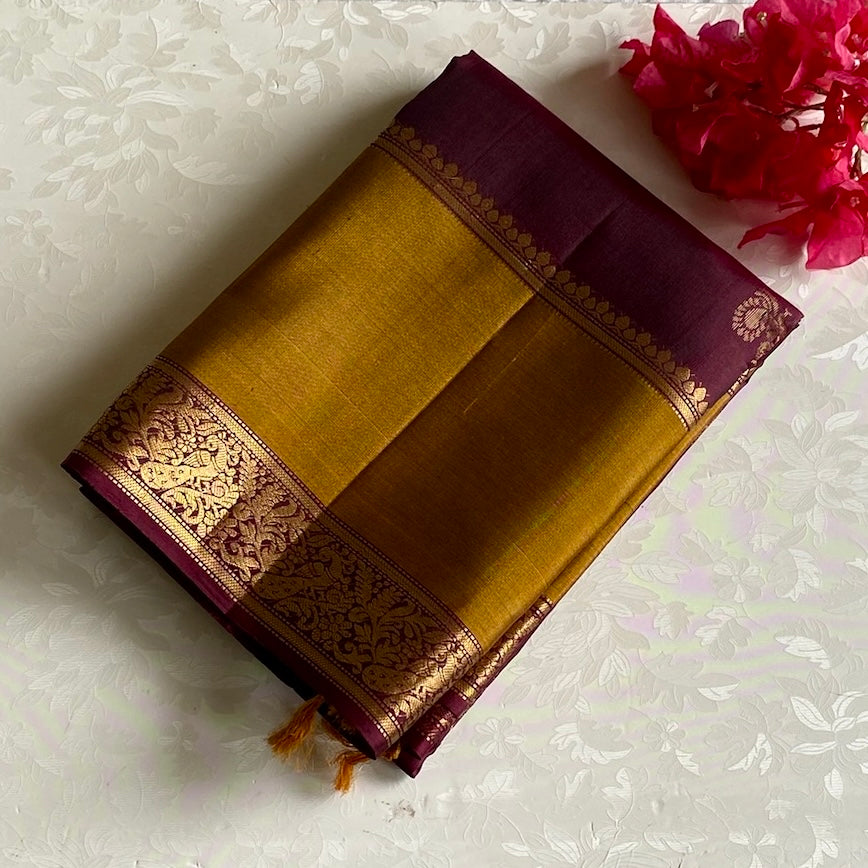 Wine Brown Designer Handwoven Pure Silk with Jaggery Gold Contrast