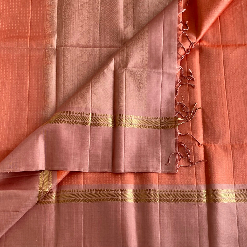 Dusty Peach Designer Pure Silk Saree With Coral Orange Pallu