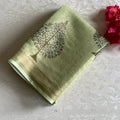 Pistachio Green Softest Linen Tussar Saree With Olive Green Printed Blouse