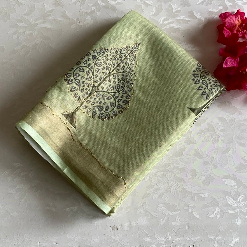 Pistachio Green Softest Linen Tussar Saree With Olive Green Printed Blouse