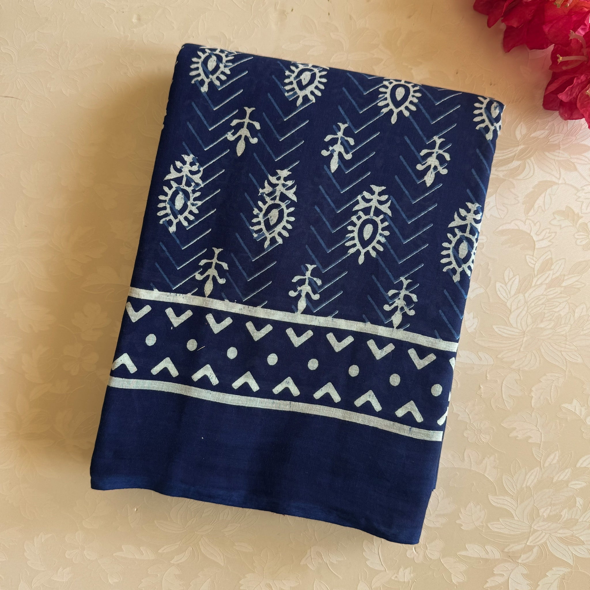 Indigo Block Print Cotton Saree Leaf Floral Border Soft Fall