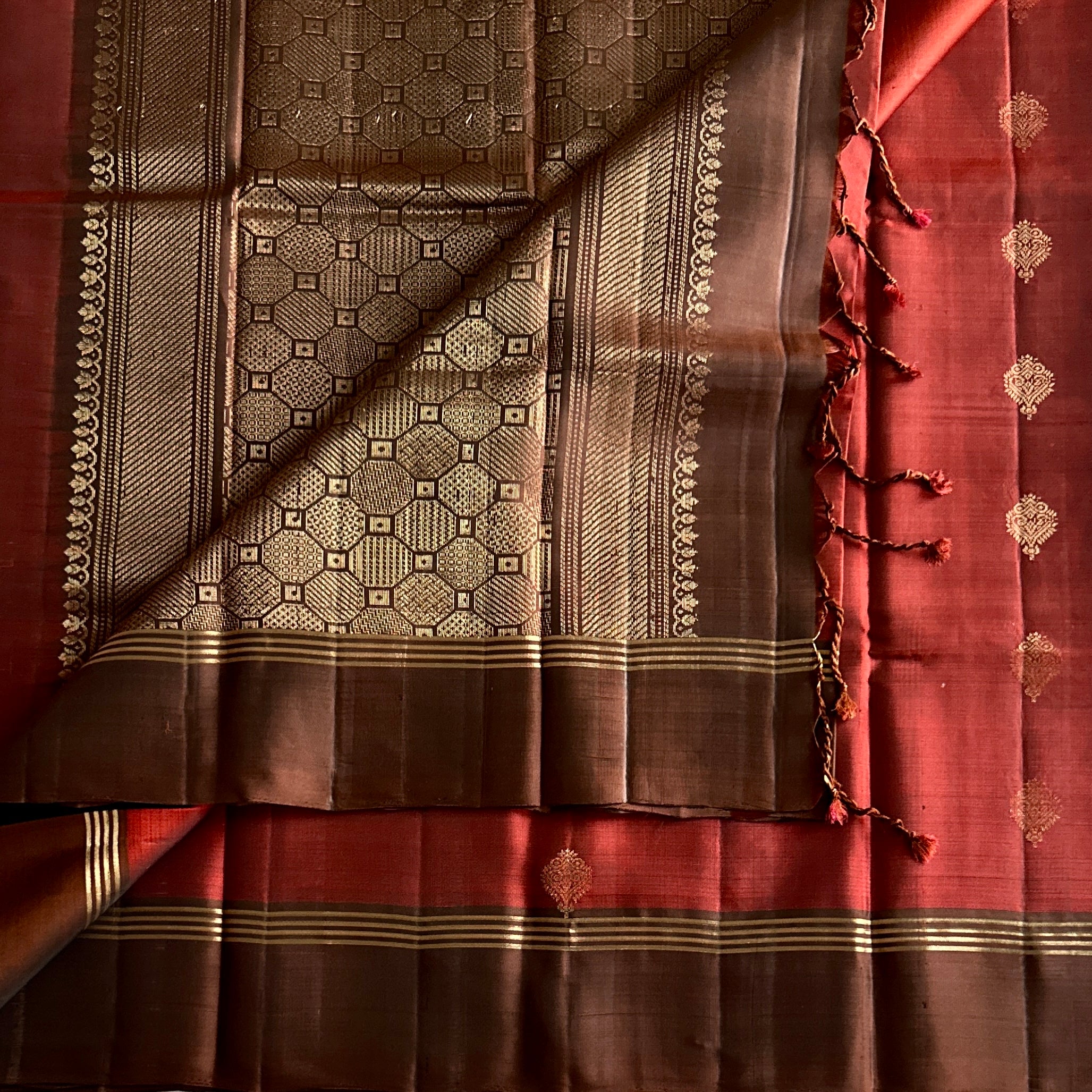Oxblood Silk Saree Bronze Pallu Gold Zari Geometric Weave Traditional