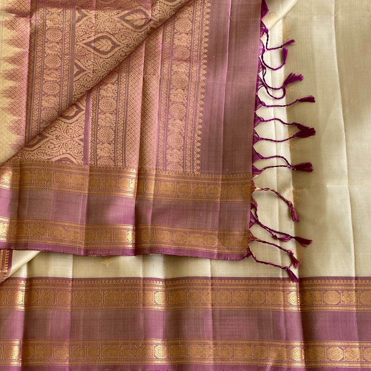 Ivory Beige Metallic Mauve Designer Pure Silk Saree With Brocade Pallu