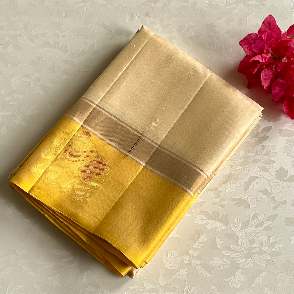 Stunner beige with lemon, yellow designer, handwoven, pure silk with elephant buttas